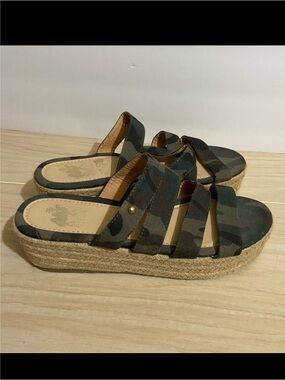Y2K Camel Toes Camouflage Platform Sandals Burlap Boho Espadrille Wedges Size 9